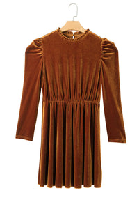 Chestnut Velvet Frilled Neck Gigot Sleeve Swing Dress