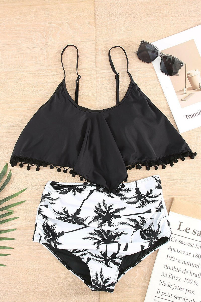 Black & White Tropical High Waist Swimsuit Set