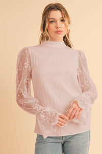 Lace Sleeve Mock Neck Blouse