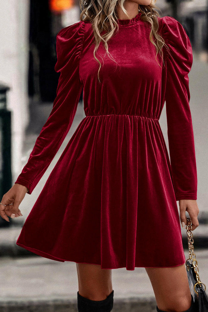 Chestnut Velvet Frilled Neck Gigot Sleeve Swing Dress