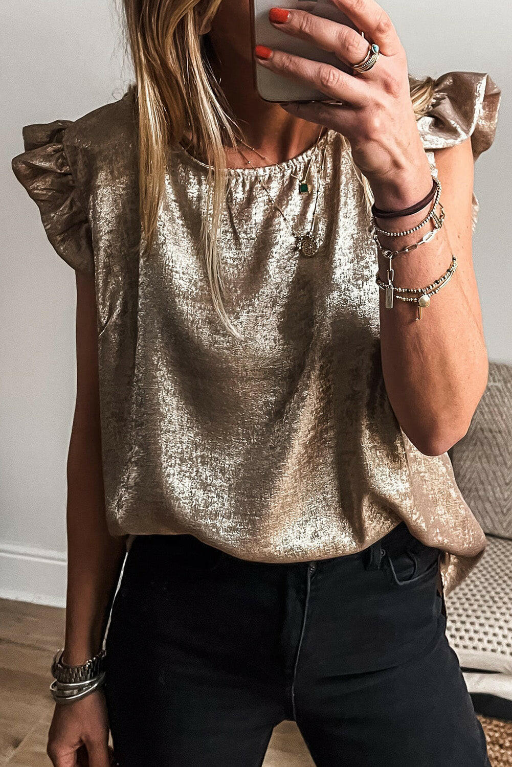 Gold Metallic Ruffle Shoulder Blouse