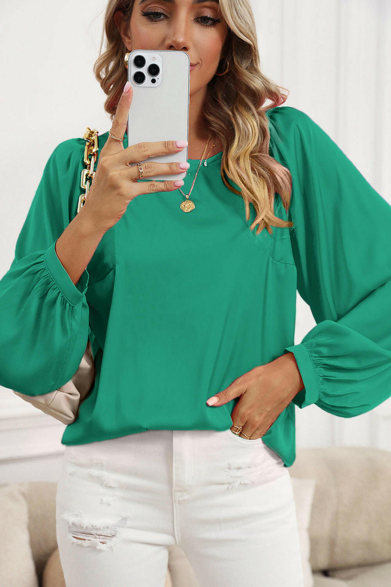 Green Satin Long Sleeve Crewneck Blouse