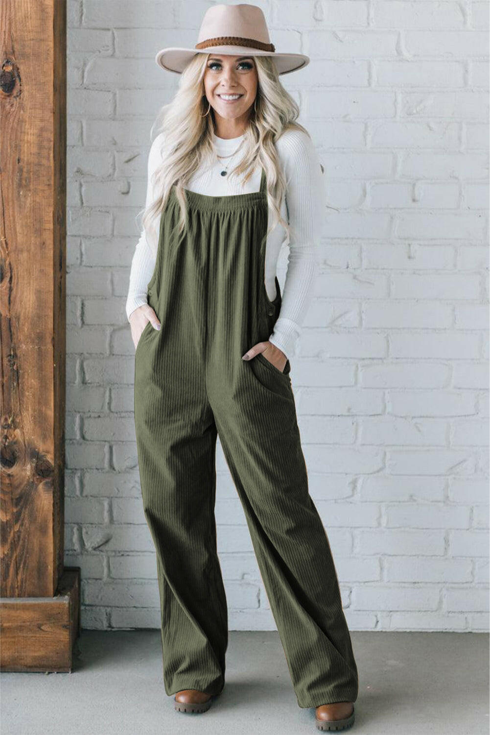 Pocketed Loose Fit Corduroy Overalls