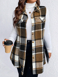 Pocketed Plaid Button Up Vest Plus Size