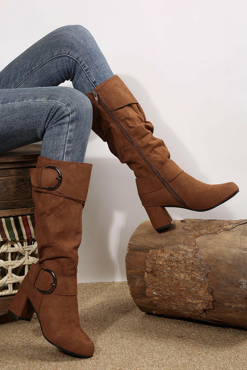 Suede Buckled Mid-calf Boots