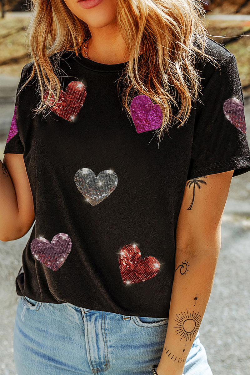 Black Sequin Heart Crewneck Valentines Tee