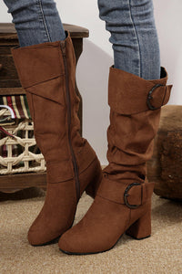 Suede Buckled Mid-calf Boots