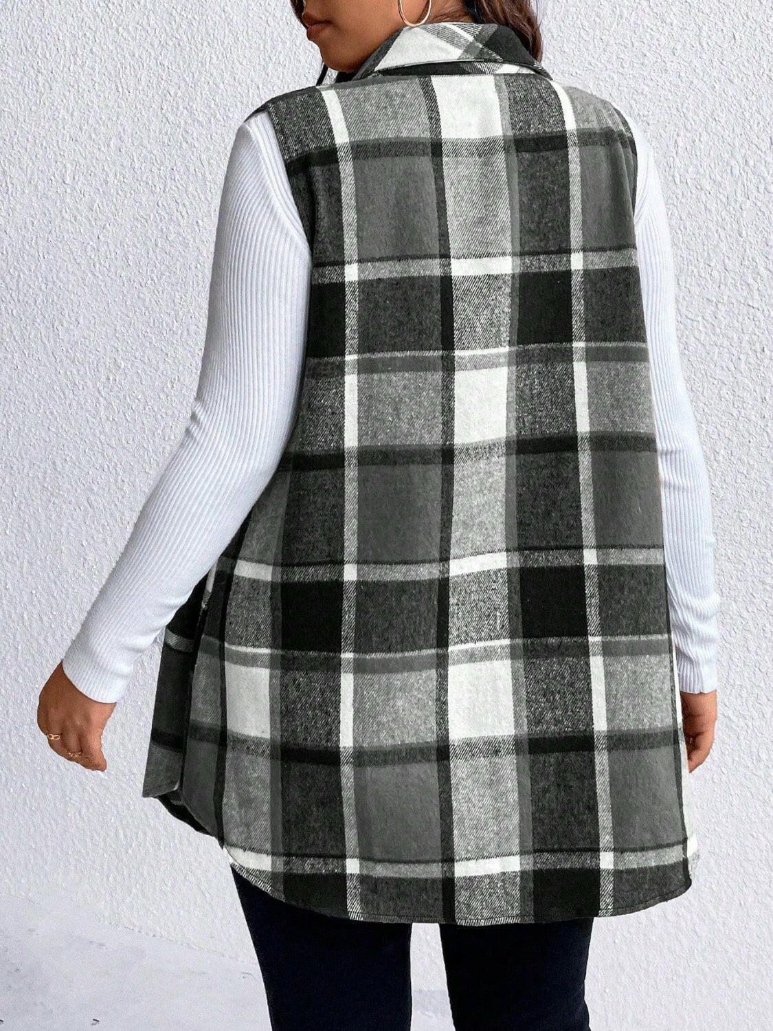 Pocketed Plaid Button Up Vest Plus Size