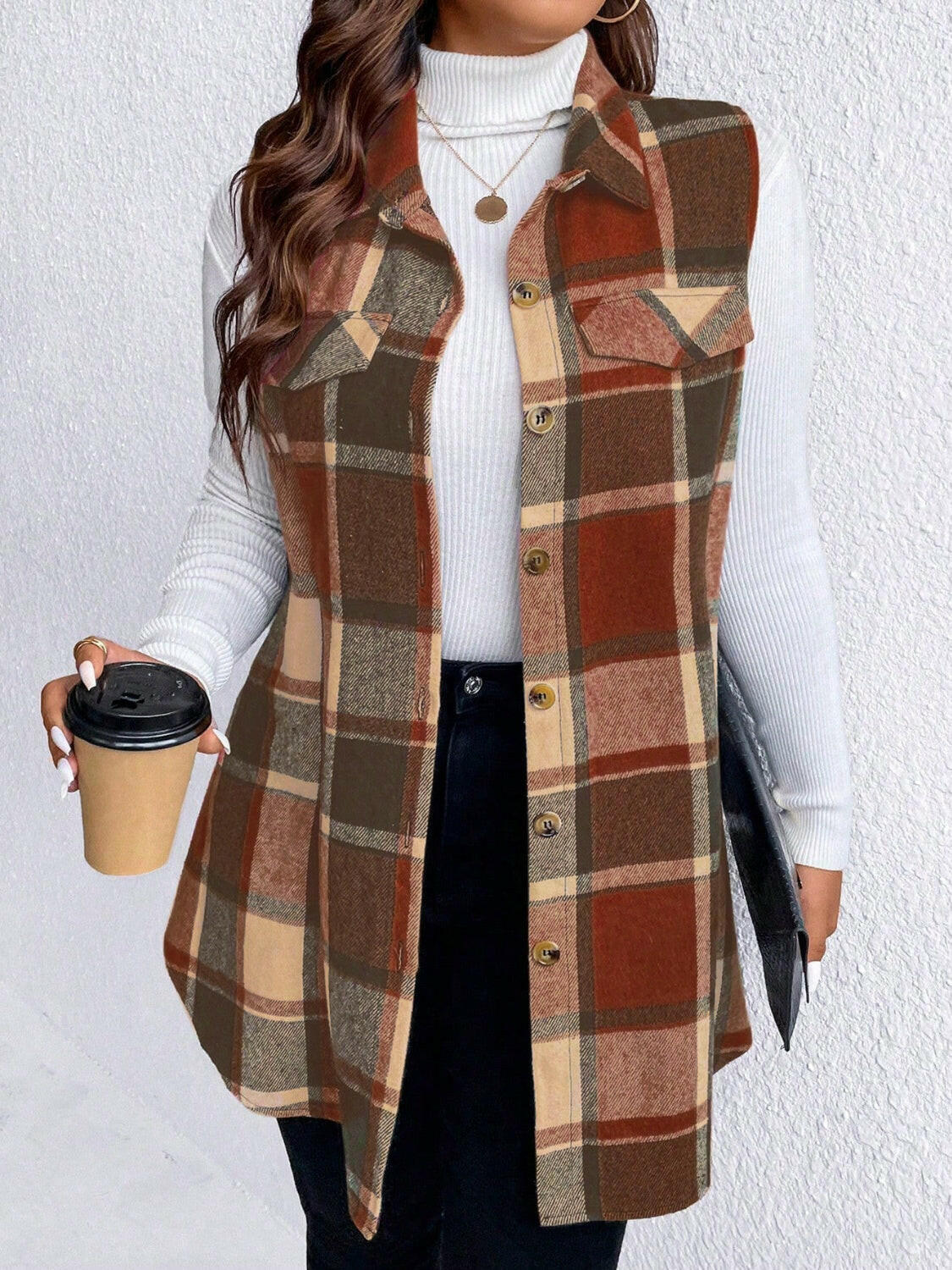 Pocketed Plaid Button Up Vest Plus Size