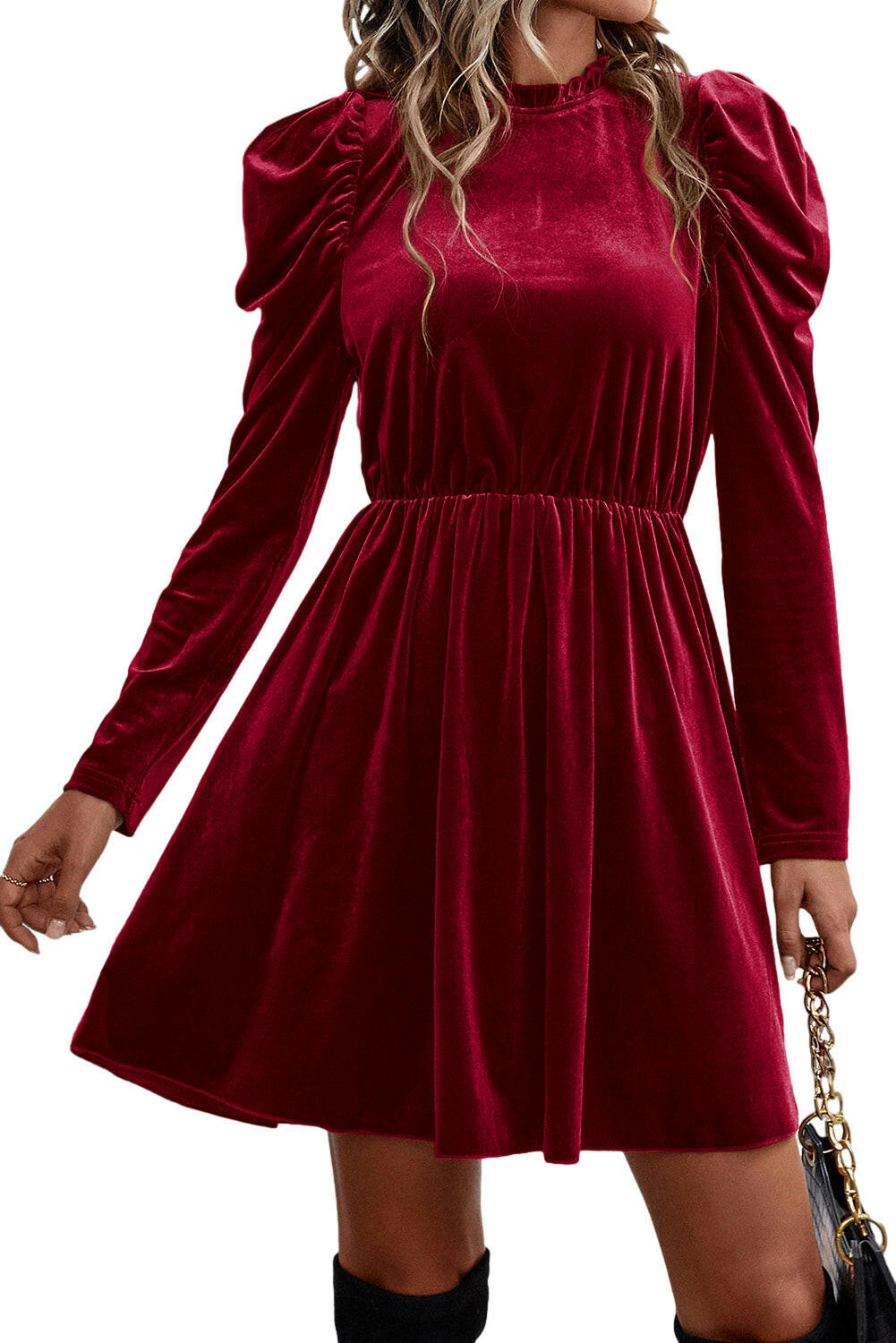 Chestnut Velvet Frilled Neck Gigot Sleeve Swing Dress