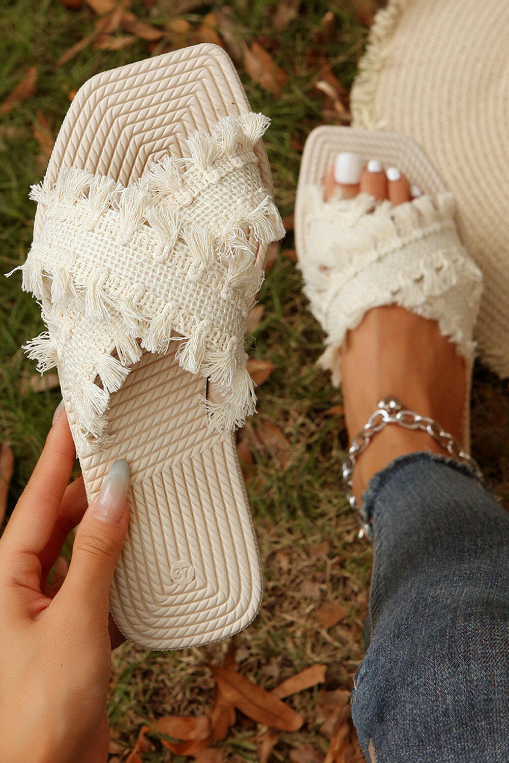 Beige Tassel Woven Sandals