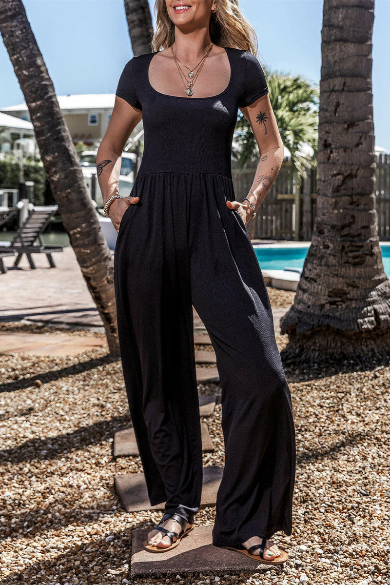 Black Boat Neck Short Sleeve Jumpsuit