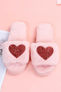 Pink Sequin Heart Plush Slippers