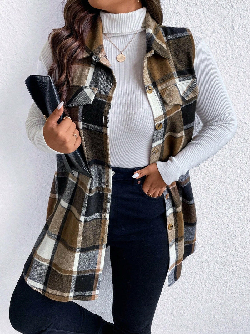 Pocketed Plaid Button Up Vest Plus Size