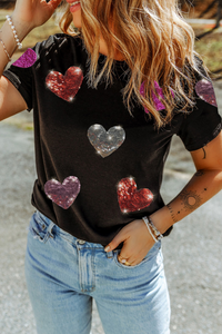 Black Sequin Heart Crewneck Valentines Tee