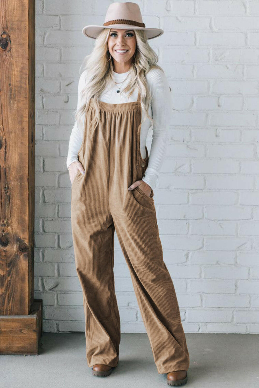 Pocketed Loose Fit Corduroy Overalls