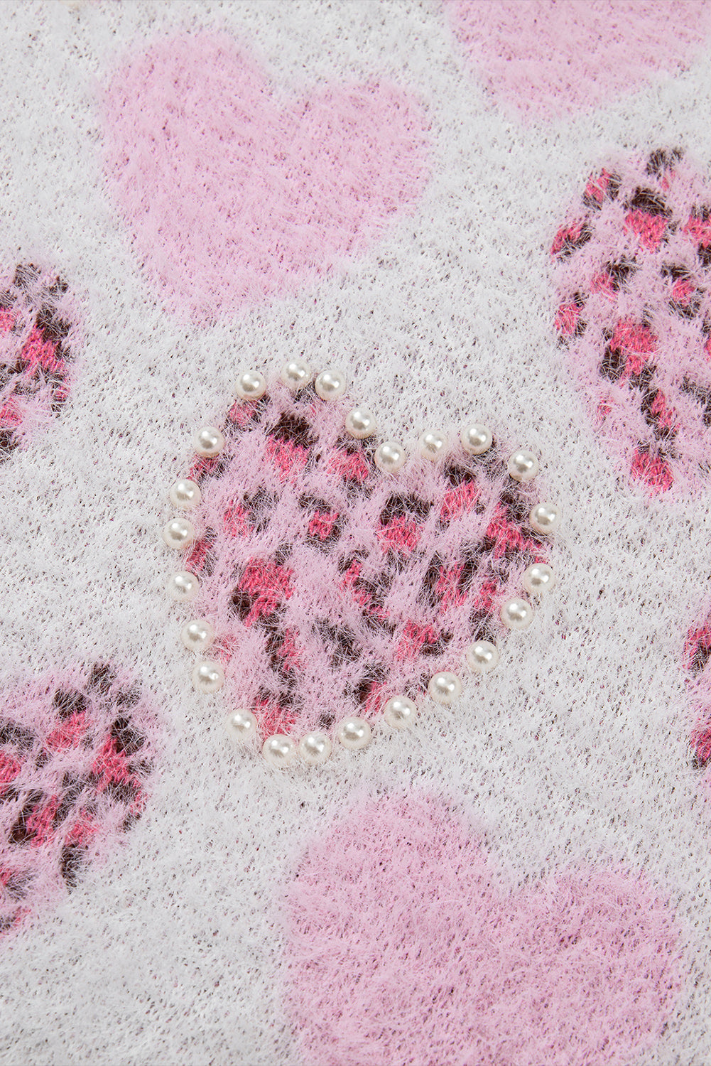 Pink Heart Leopard Print Pearled Ribbed Trim Fuzzy Sweater