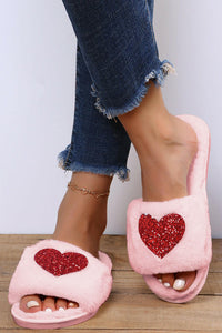 Pink Sequin Heart Plush Slippers