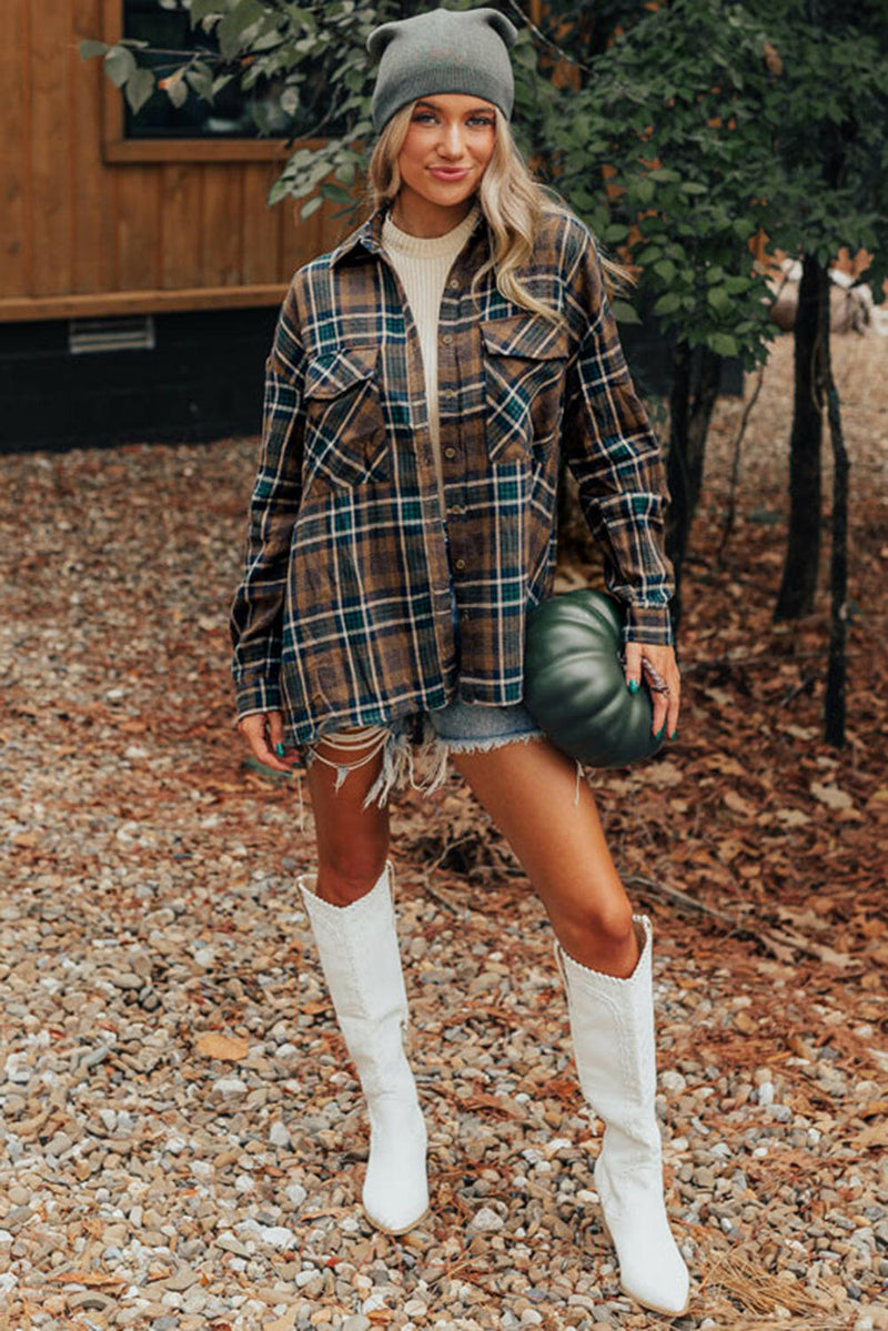 Brown Plaid Buttoned Shacket