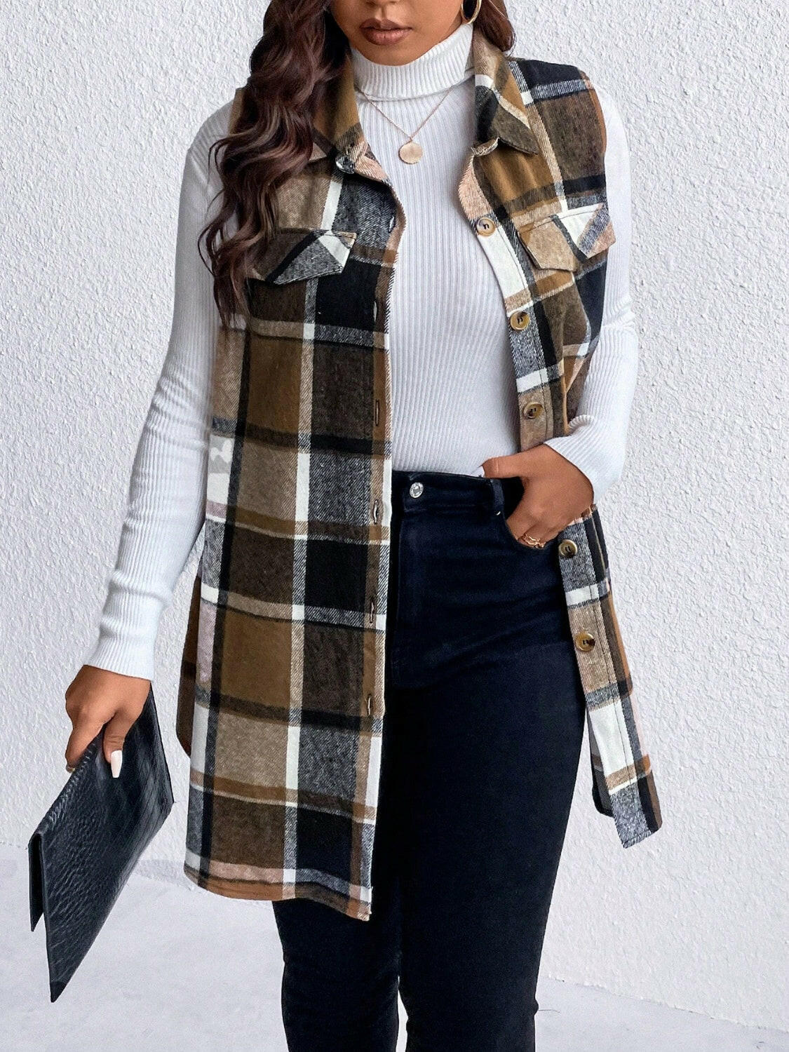 Pocketed Plaid Button Up Vest Plus Size