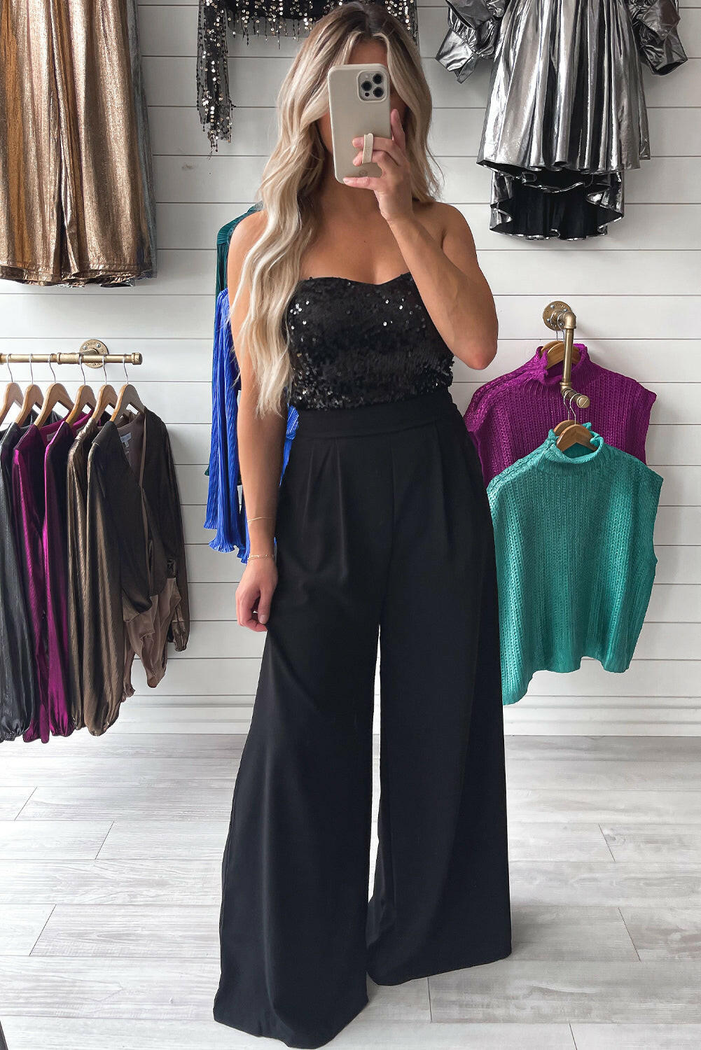 Black Sequin Wide Leg Jumpsuit