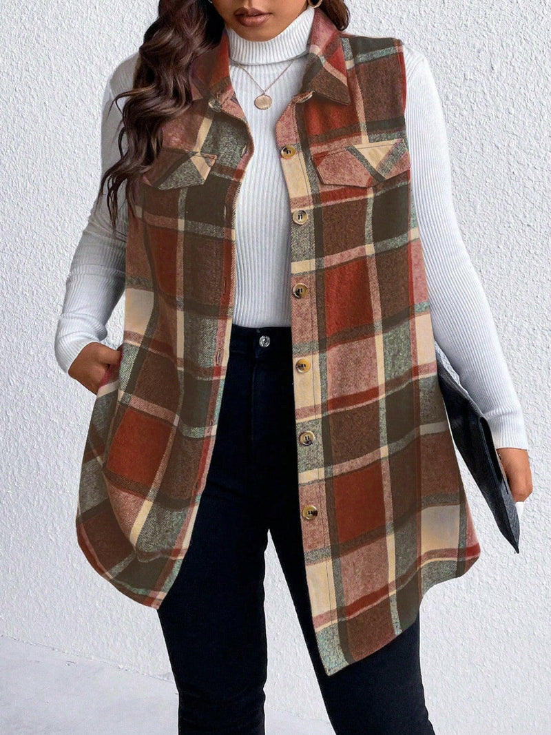 Pocketed Plaid Button Up Vest Plus Size