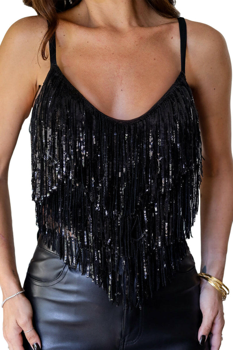 Black Sequin Tassel Crop Top