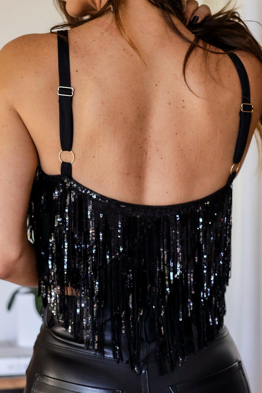 Black Sequin Tassel Crop Top