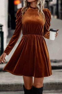 Chestnut Velvet Frilled Neck Gigot Sleeve Swing Dress