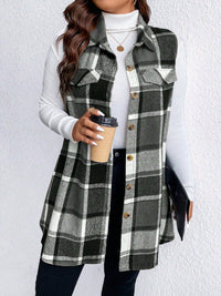 Pocketed Plaid Button Up Vest Plus Size