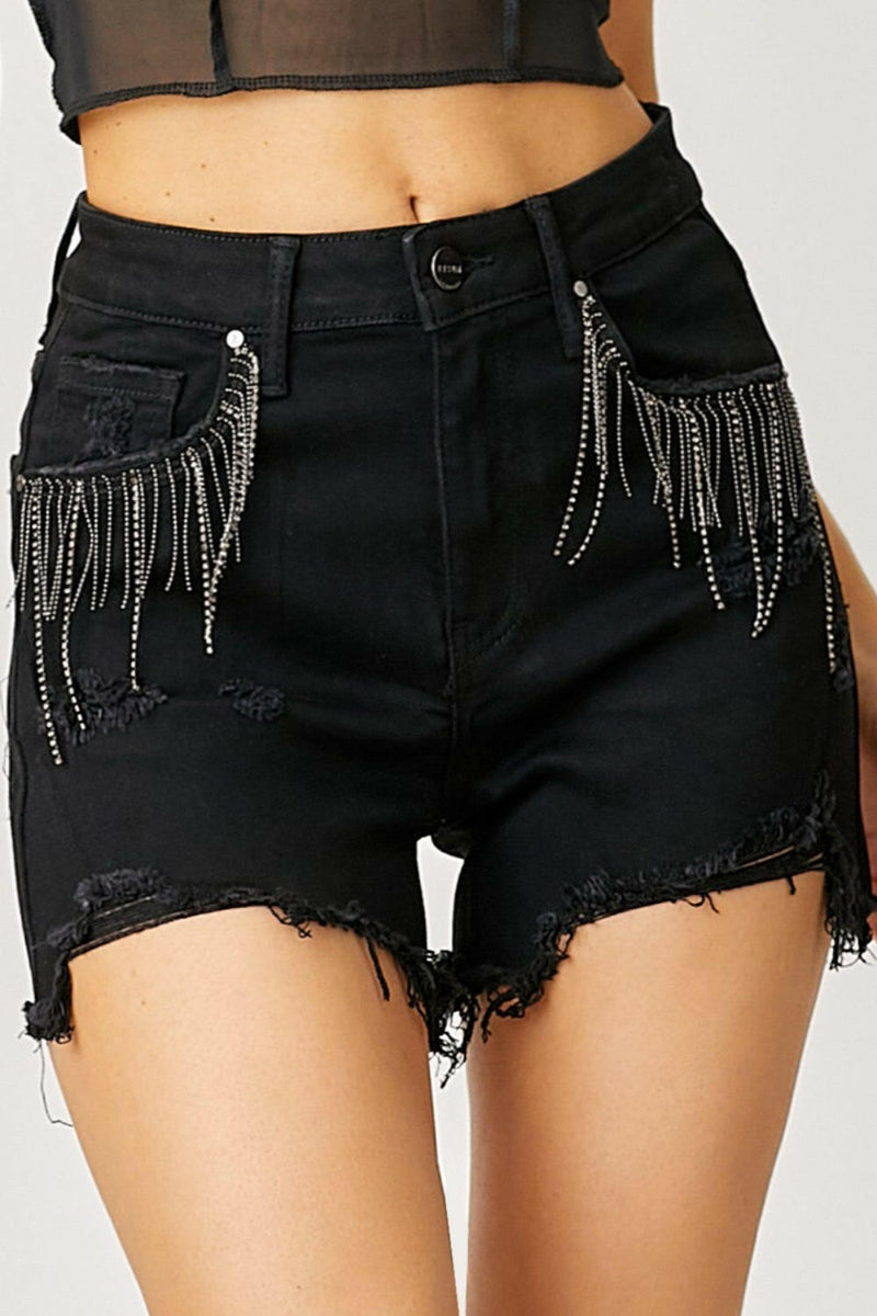 Frayed Hem Denim Shorts with Fringe Pockets