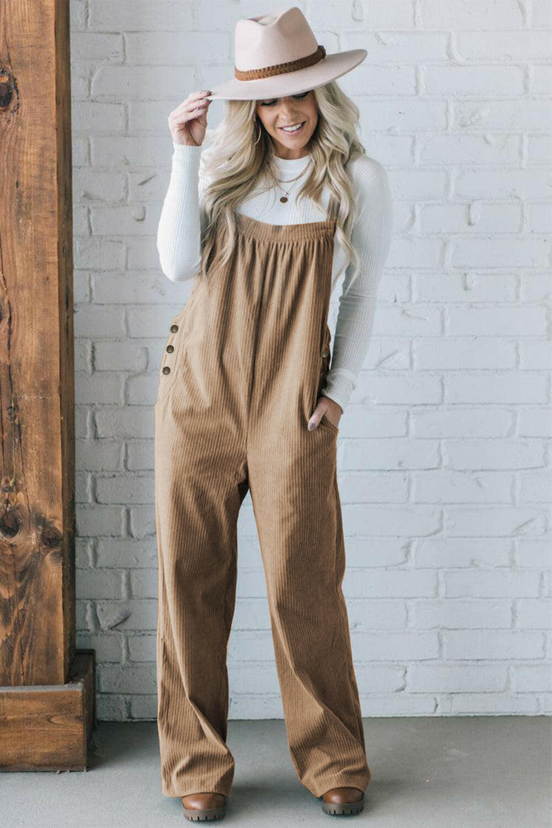 Pocketed Loose Fit Corduroy Overalls