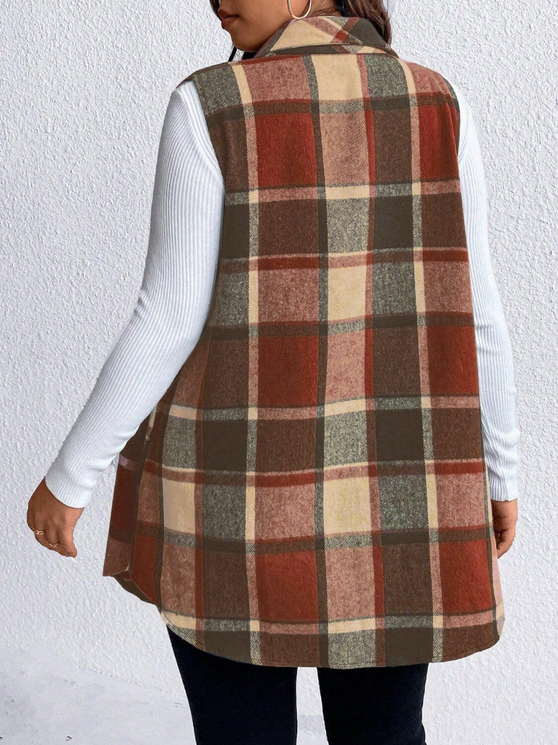 Pocketed Plaid Button Up Vest Plus Size