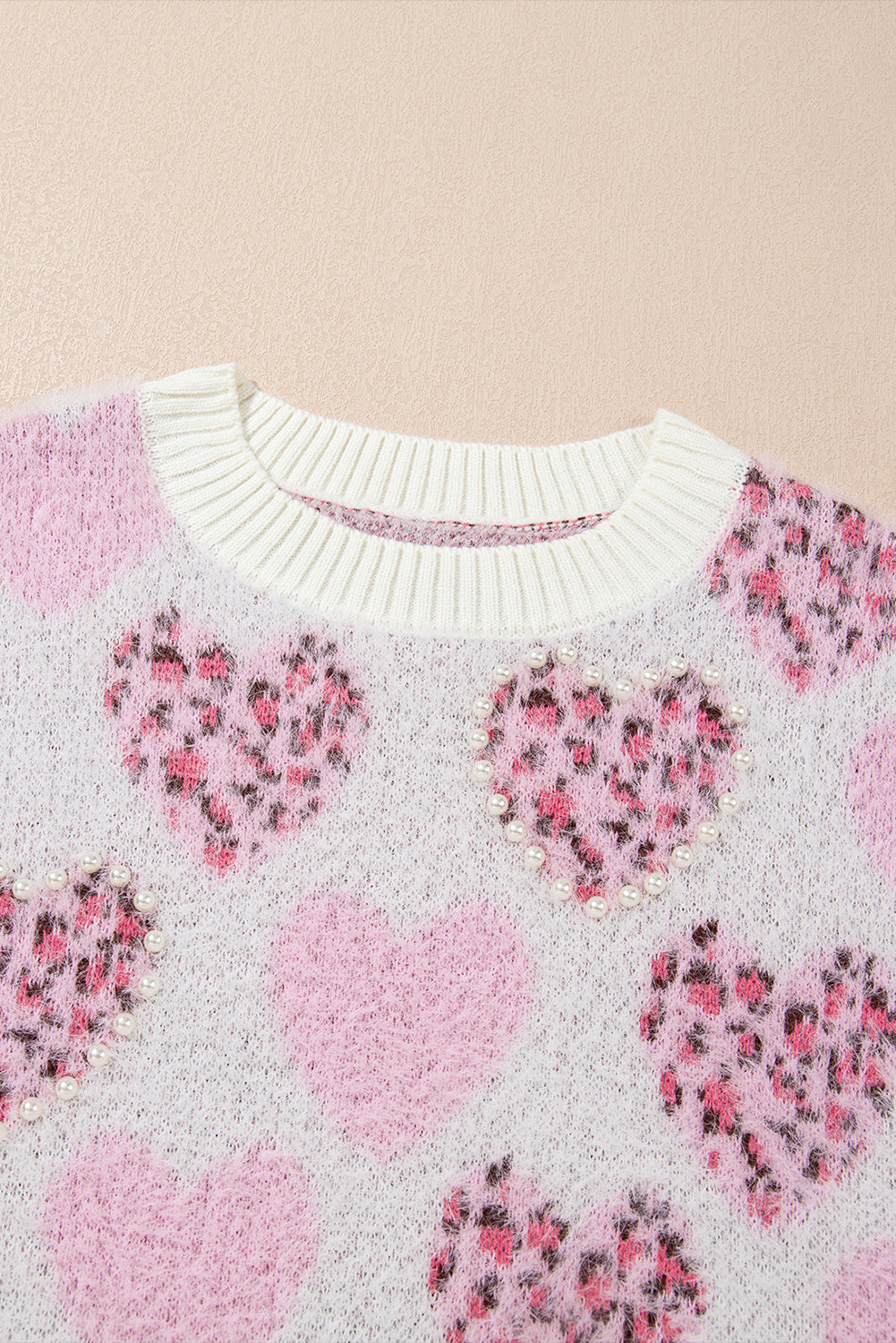 Pink Heart Leopard Print Pearled Ribbed Trim Fuzzy Sweater