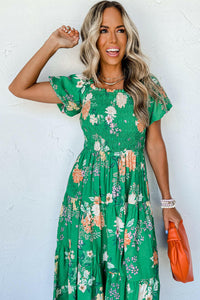 Sammie Green Floral Print Tiered Dress