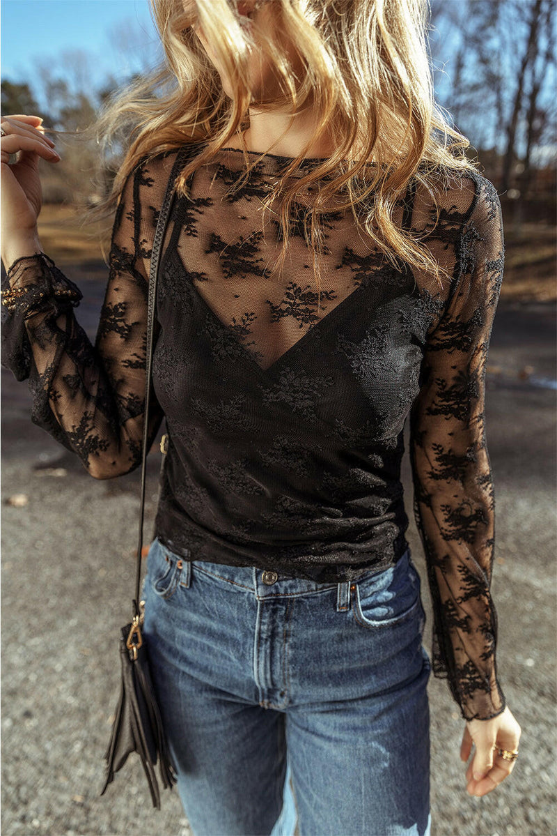 Black Mesh Long Sleeve Chic Top