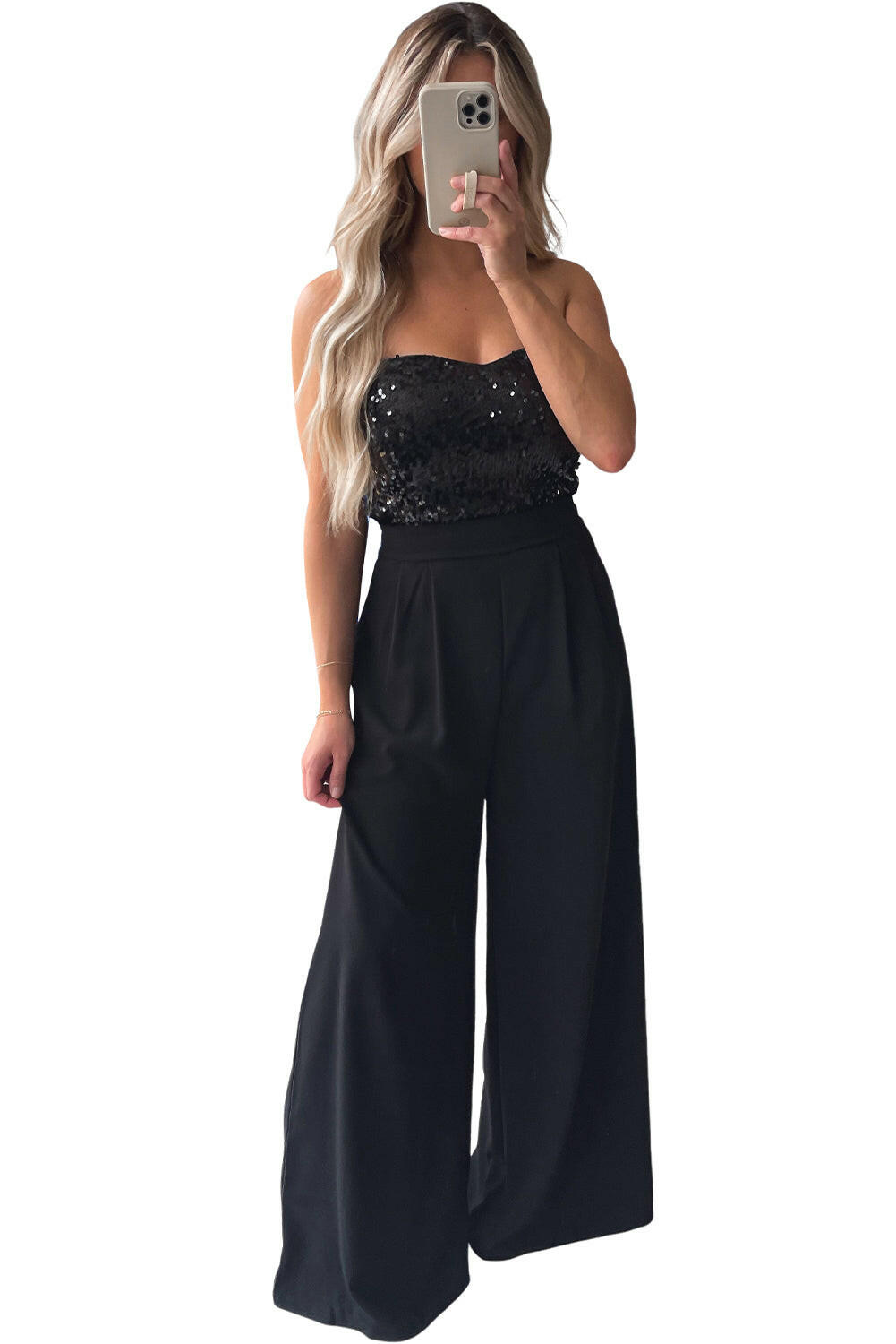 Black Sequin Wide Leg Jumpsuit