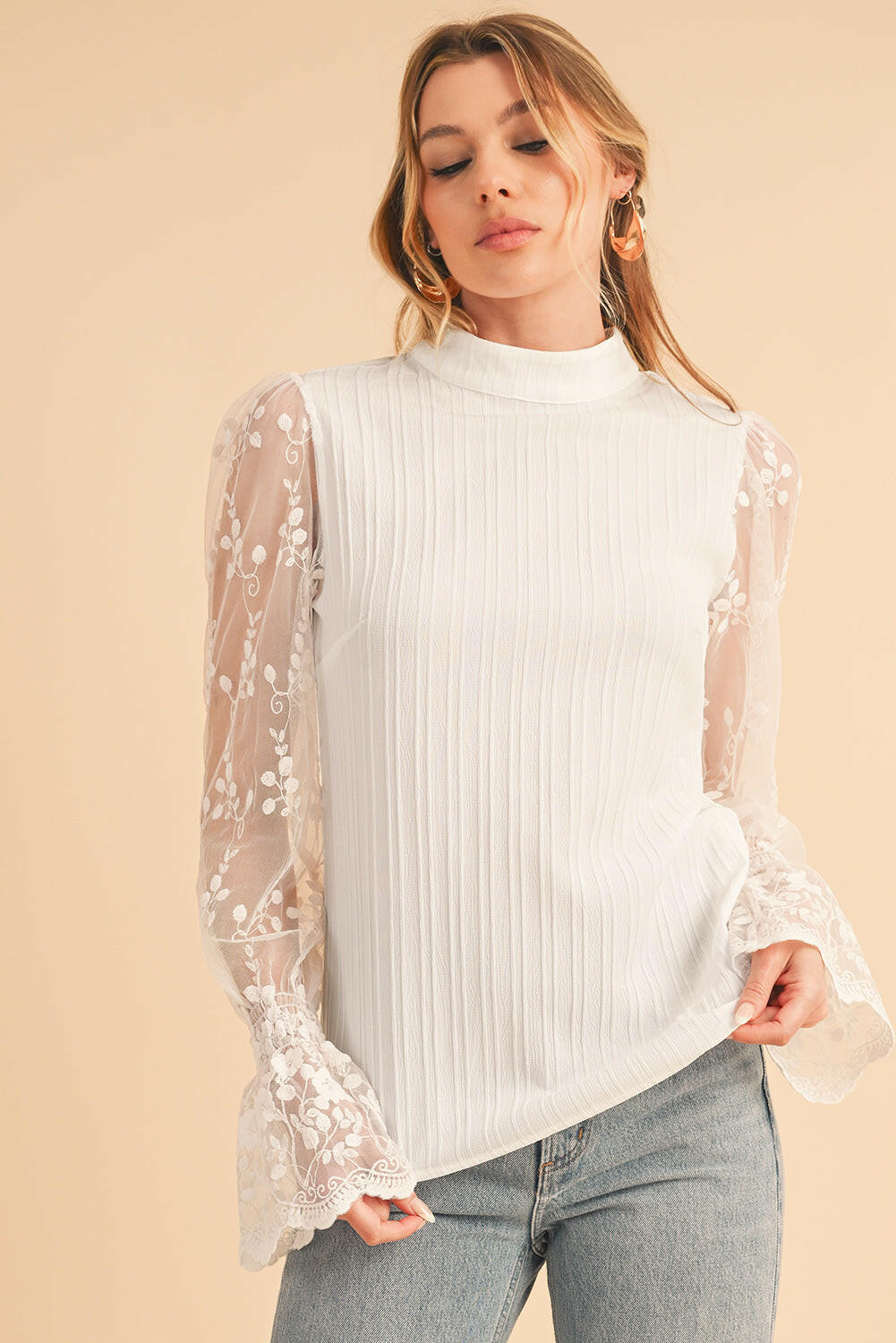 Lace Sleeve Mock Neck Blouse