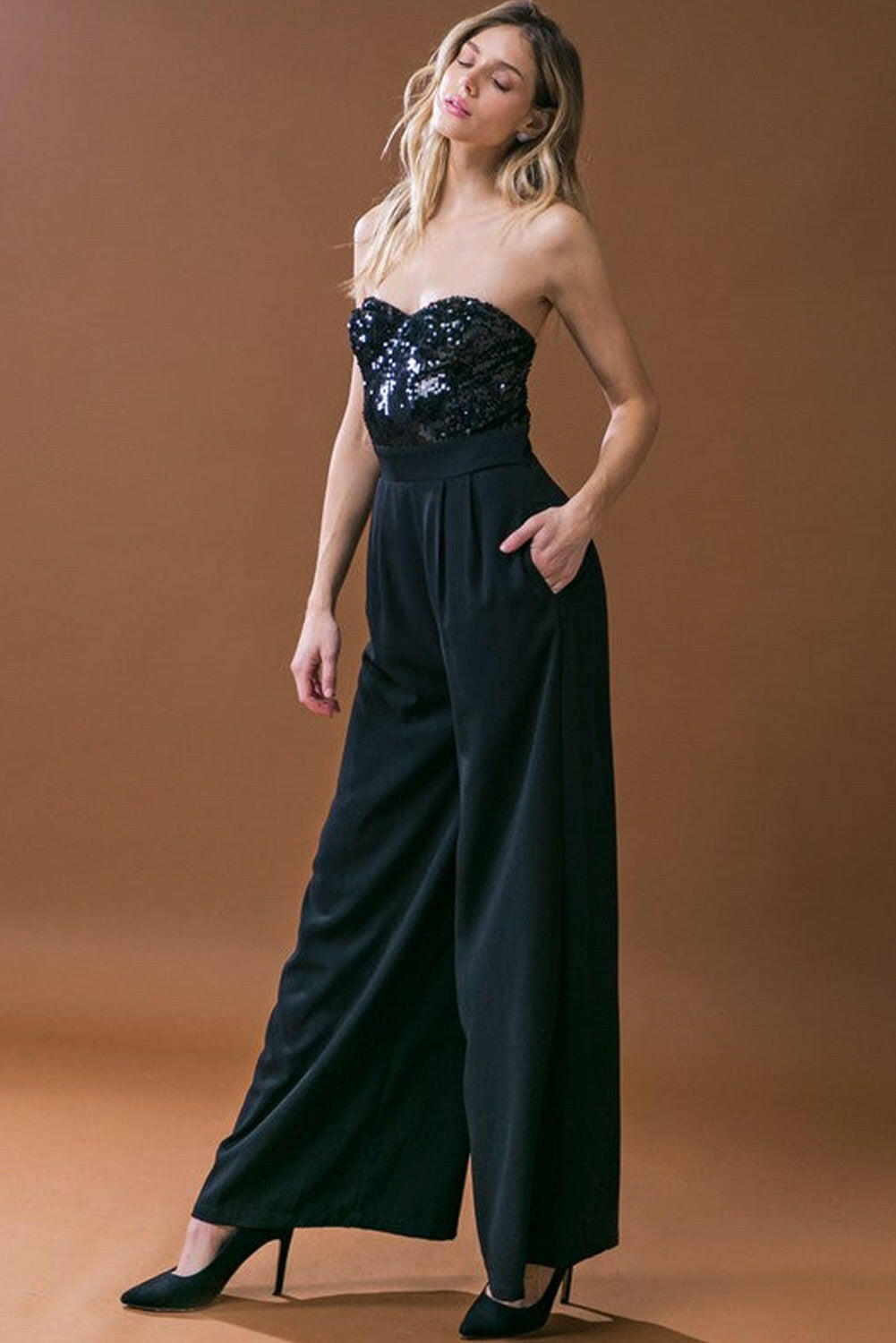 Black Sequin Wide Leg Jumpsuit