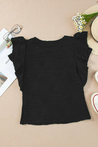 Black Plain Wavy Textured Ruffle Sleeve Blouse