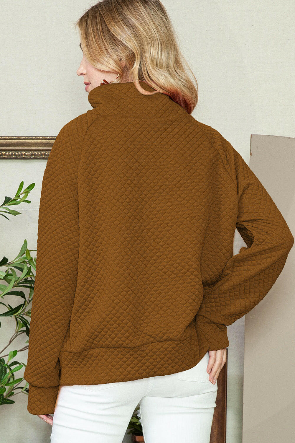 Quilted Buttoned Neck Sweater