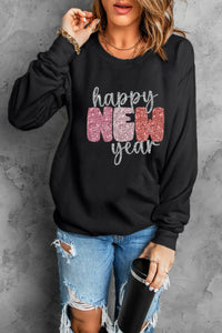 Black Sequin Happy New Year Graphic Sweatshirt