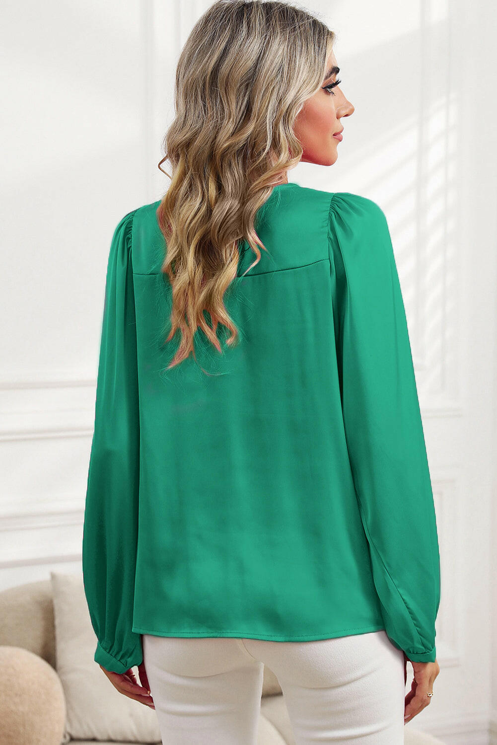 Green Satin Long Sleeve Crewneck Blouse