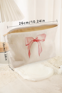 Light Pink Bow Zipper Corduroy Makeup Bag