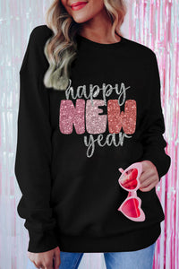 Black Sequin Happy New Year Graphic Sweatshirt