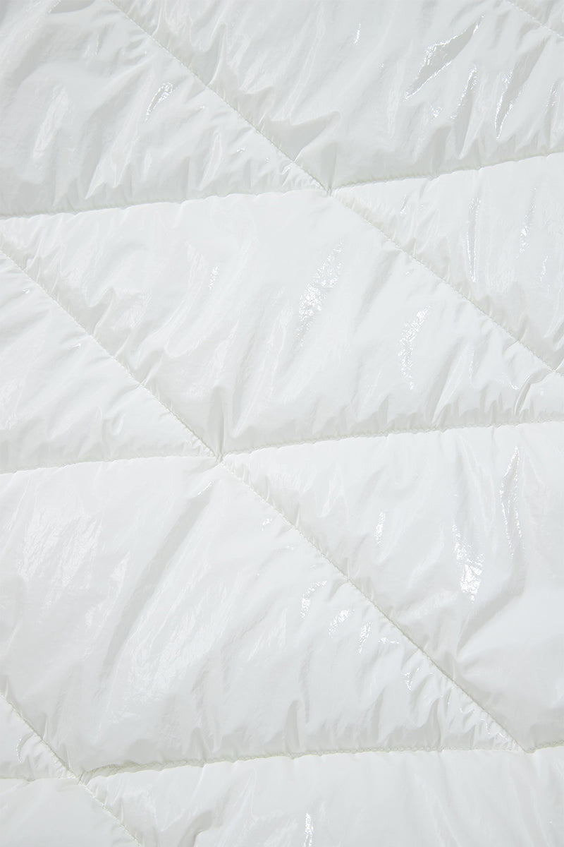 White Solid Quilted Hooded Zip Up Puffer Coat