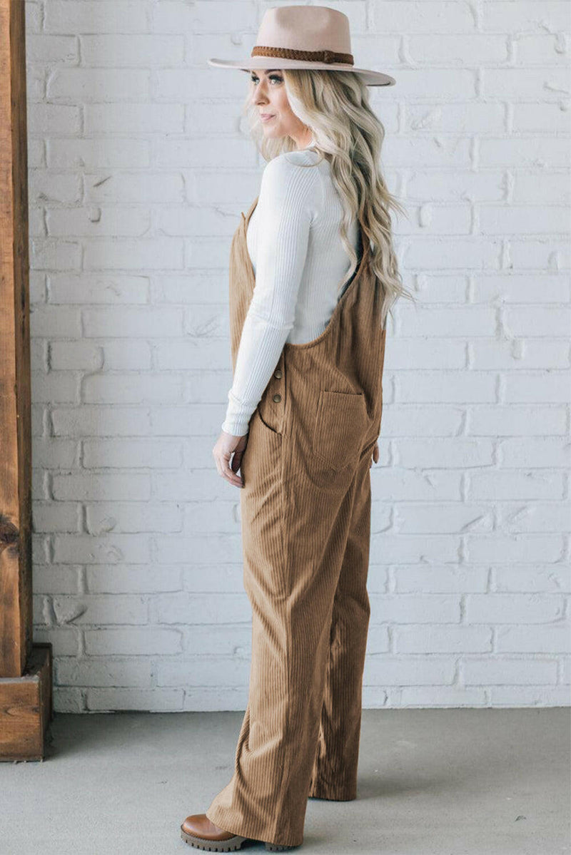 Pocketed Loose Fit Corduroy Overalls