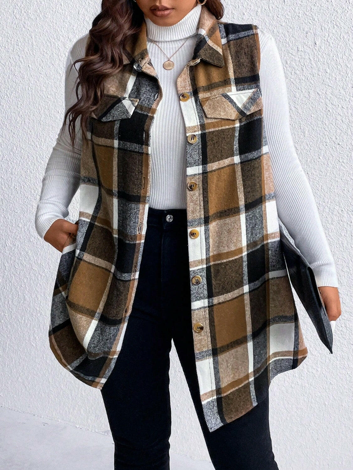 Pocketed Plaid Button Up Vest Plus Size