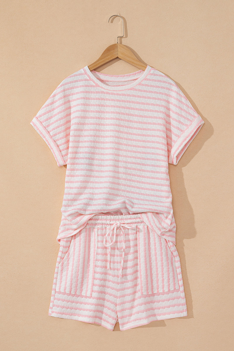 Pink Striped Top and Pocket Shorts Set