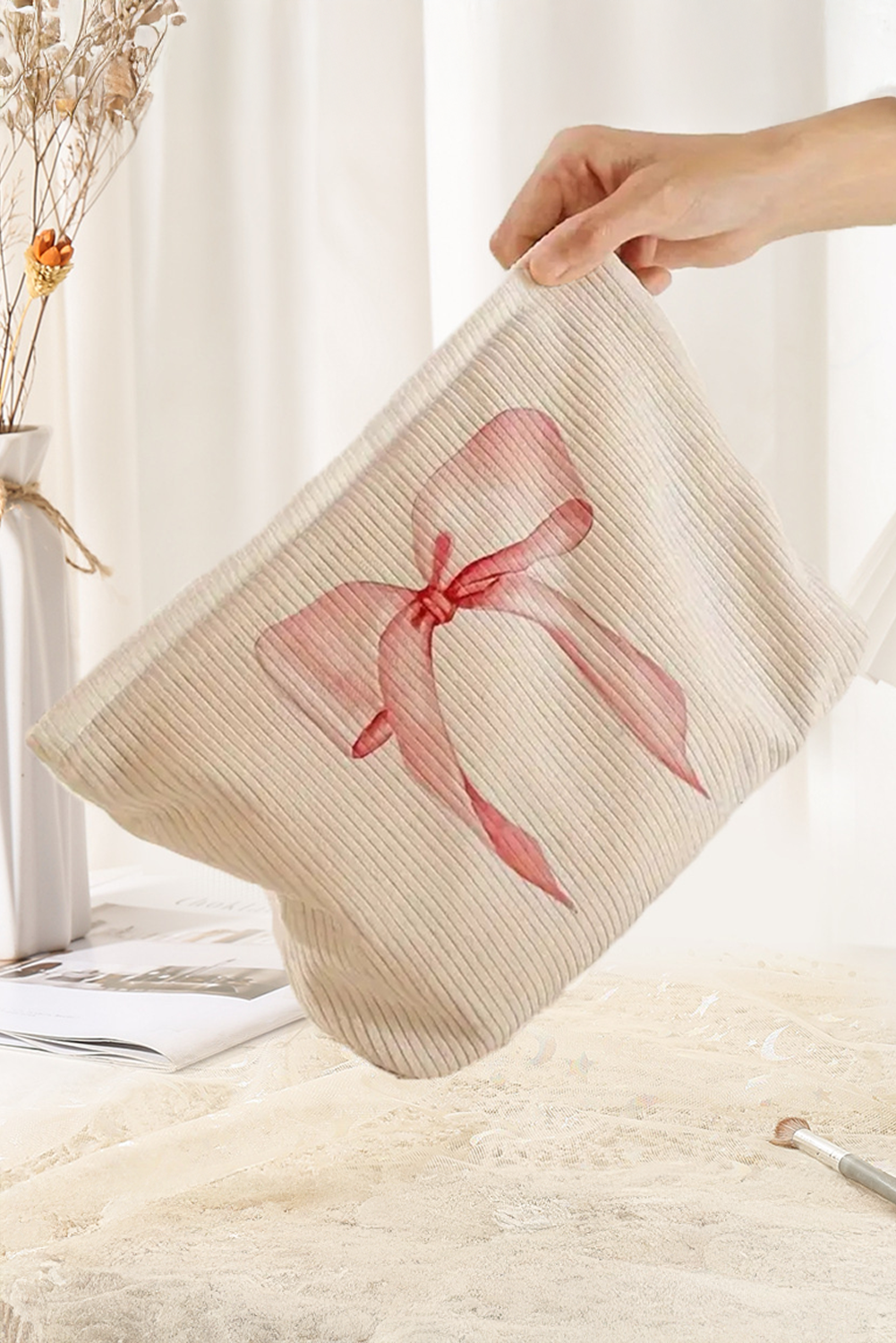 Light Pink Bow Zipper Corduroy Makeup Bag